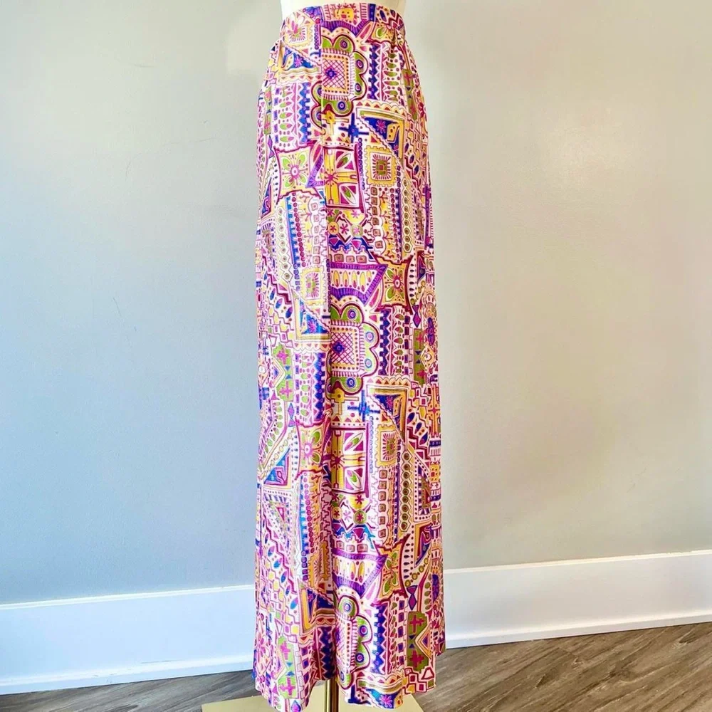 Vintage 1970s Novelty Print Skirt Flowers Tiki Tropical Colorful 70s Retro - Picture 7 of 8